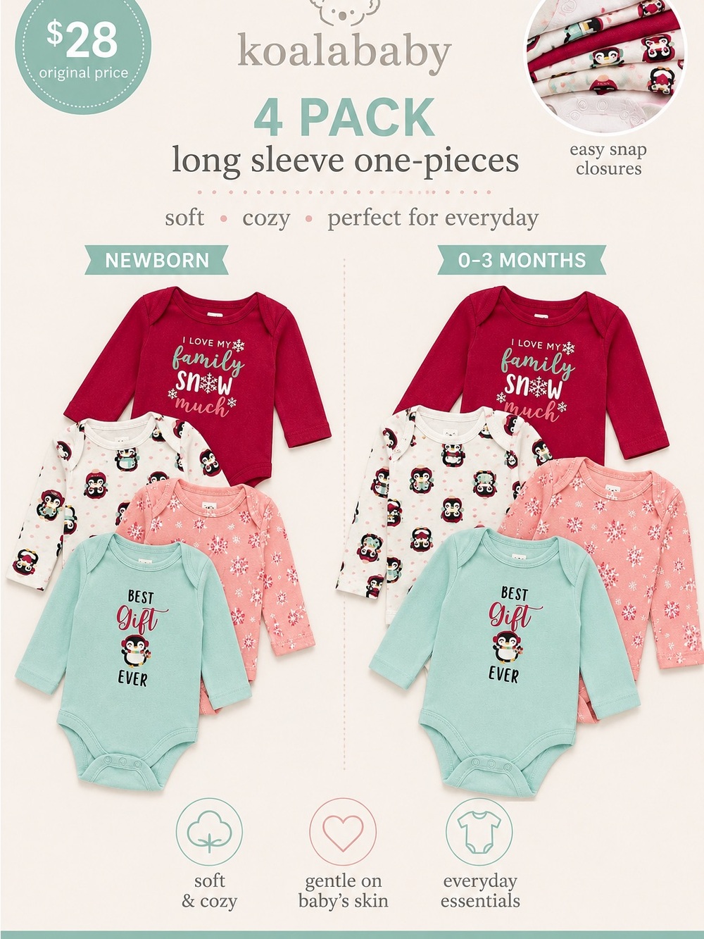 Koala Kids 4-Pack Long Sleeve One-Pieces in Red, Teal, Pink, White
